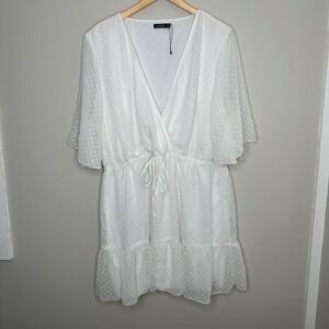 Boohoo Women's White Swiss Dot Mini Dress V Neck Tie Waist Flounce Sleeve US 20‎